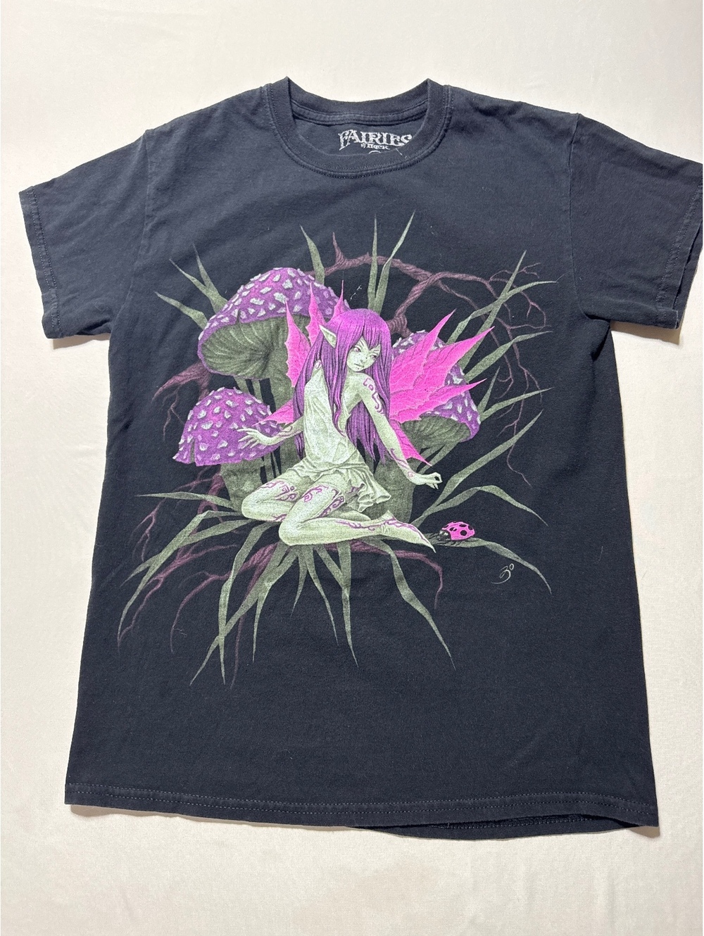 Fairies by Trick Black Cotton Graphic Tee with Purple Fairy